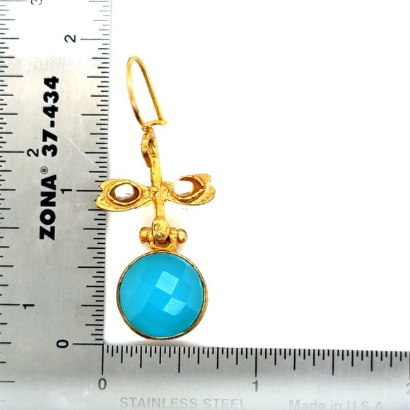 Turkey Gold Blue Stone with Pearls Earrings - Picture 5 of 6